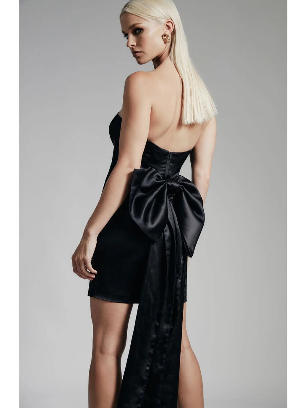 Anthropologie BARDOT Eleni Strapless Bow Back Satin Mini Dress Black 10 NWT $178